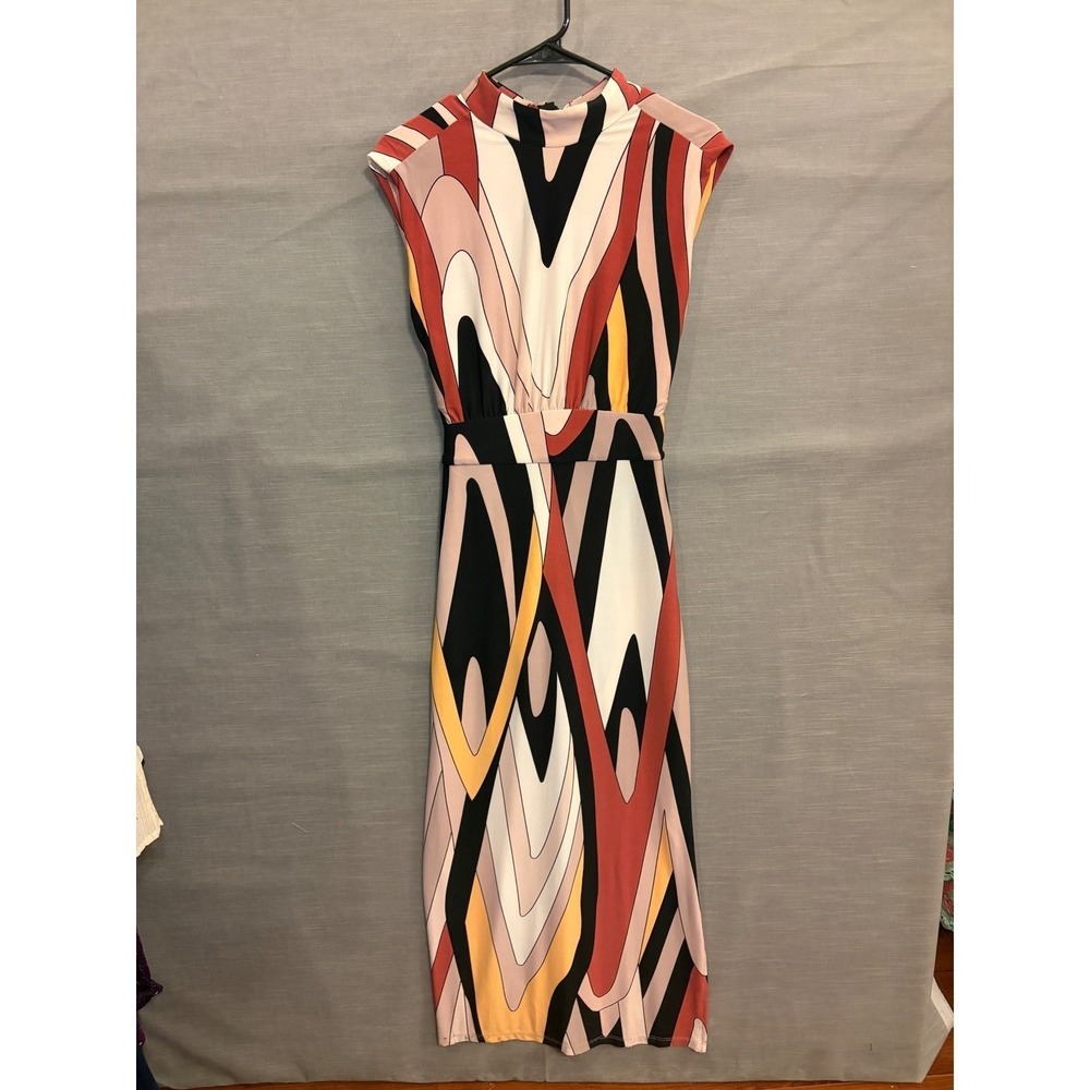 S 26. Donna Morgan Abstract Swirl Midi Dress Mock Neck Tie Back Retro Mod Size 4 - Picture 2 of 6